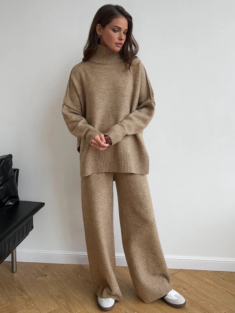 New Commense Plain Turtleneck Knit Sweater + Pants Set in Camel Size Medium $76